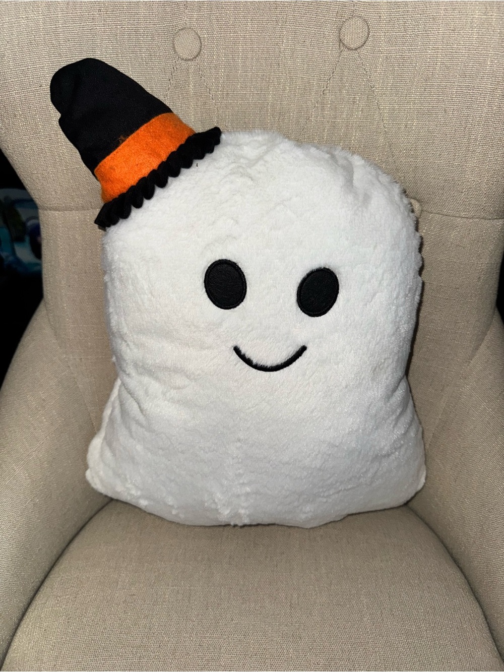 Plush White Ghost Decorative Pillow with Black & Orange Hat - Brand